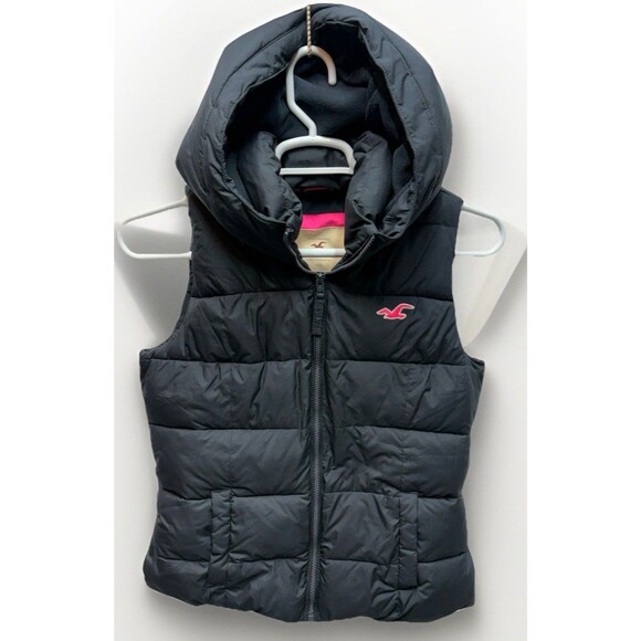 Hollister Jackets & Blazers - Hollister Women's Black Puffer Vest Hooded Y2K Fleece Lined Cinched Back Size L